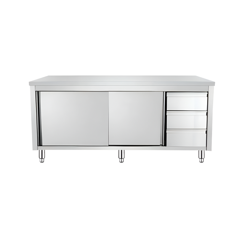 MESON DE ACERO CERRADO GABINETE PUERTAS Y 3CAJONES 1500X660X850